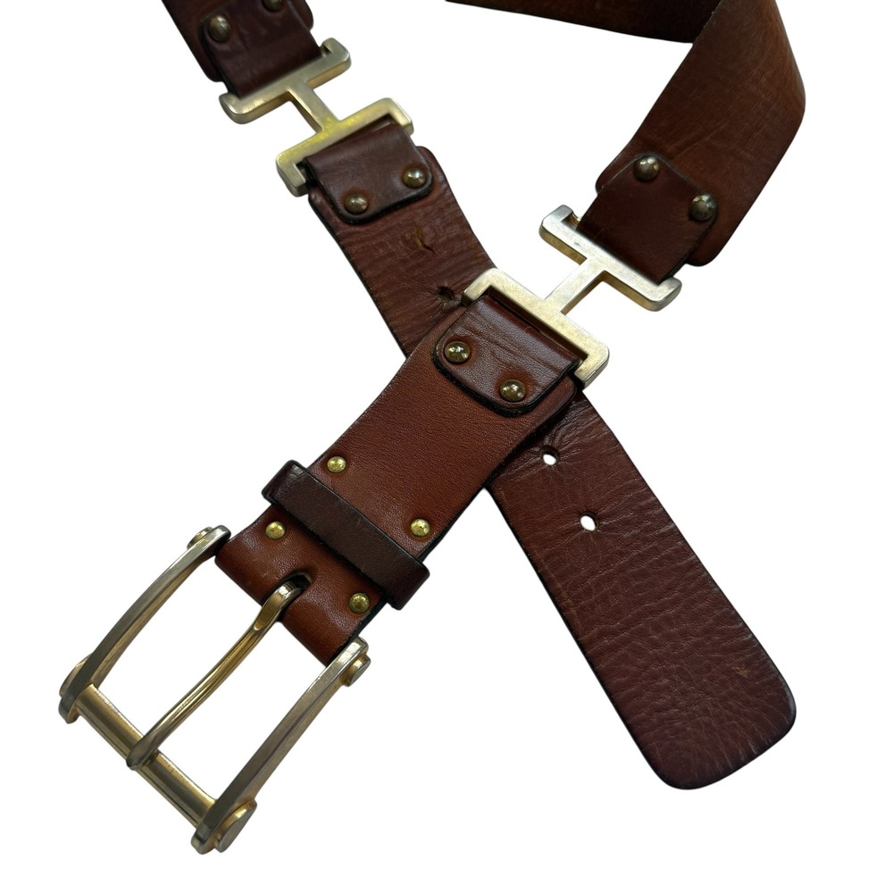 Vintage brown leather belt gold tone hardware‎